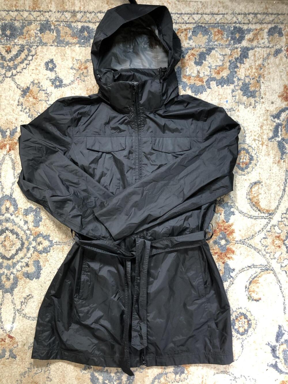 L.L.Bean Coat Womens Large Black Hooded Nylon Belted Rain Mid Length Pockets
